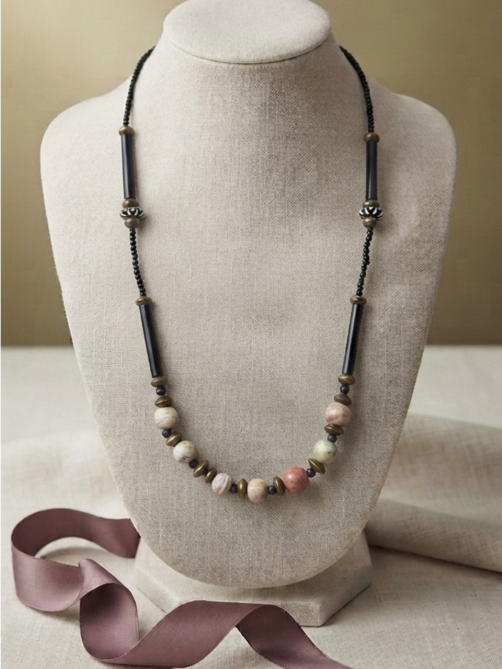Ethnic Inspired Beaded Necklace Mixed Media Wood Brass Stone